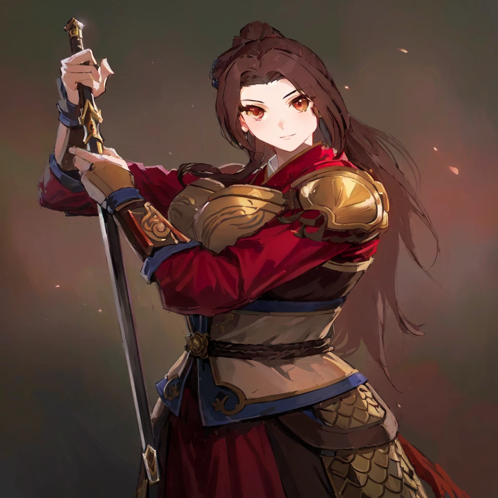 Three Kingdoms,Dynasty Warriors,A woman with a sword,Mai Shiranui,Dark brown hair,armor,中国armor,Royal sister,Animation Characters,Huge