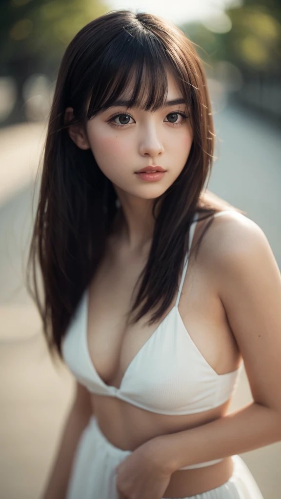 Browsing Caution, masterpiece, Highest quality, 8k, 1 girl, 20 I, Please open your mouth a little, Ambiguous language, close, close up of face, alone, cute, Girlish, Delicate girl, Pure beauty,  RAW Photos, Professional photography, Portraiture, Soft Light, Professional Lighting, Backlight, I look forward to meeting you, Sophisticated, Film Grain, (Eye and facial details:1.0), Big breasts and long hair floating, (topless)、beautiful, Flowing Hair, Hunchback、bangs, (Body facing forward,Face to face:1.3), whole body