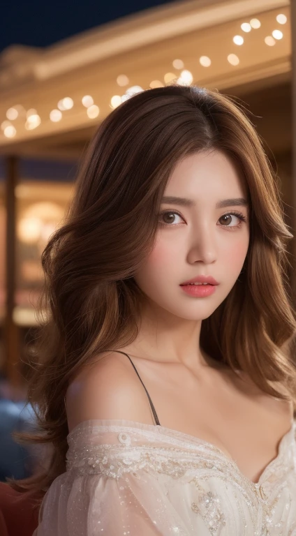 ((Night view, Realistic Light, Highest quality, 8k, masterpiece: 1.3)), 1 girl, Slim body beauty: 1.4, (Brown Hair, Middle chest: 1.3), Off-the-shoulder cut top: 1.3, sofa, Ultra detailed face, Detailed eyes, double eyelid, Disneyland, Cleavage