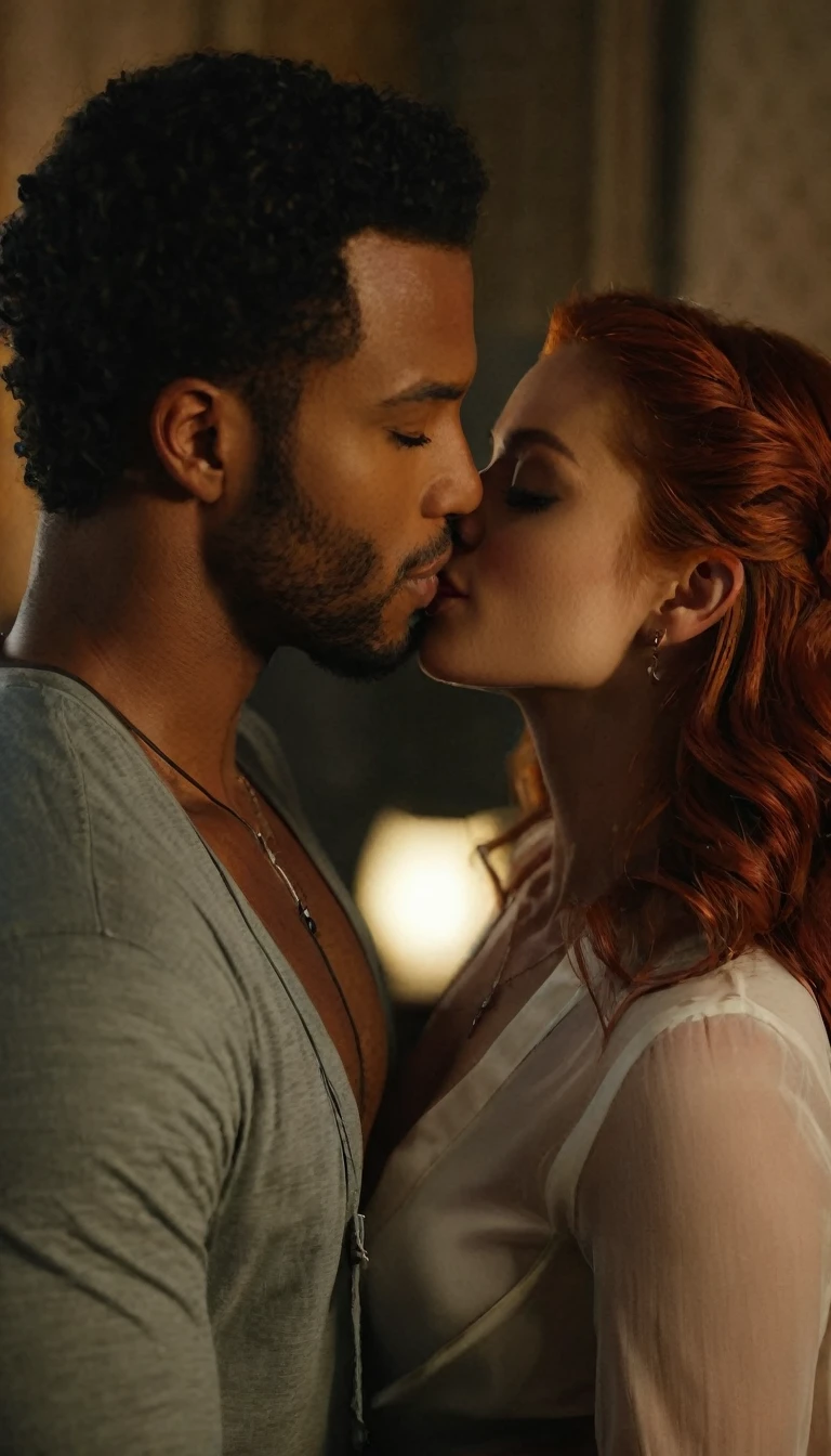 Isaiah Mustafa as Luke Garroway and Maxim Roy as Jocelyn Fray, both from the Freeform television series "Shadowhunters", share a steamy kiss inside a bedroom lit only by candlelight. Maxim is a beautiful Caucasian female with red hair and light white skin. Maxim has lovely makeup on her face. Nighttime. Romantic ambiance. Symmetrical eyes. Symmetrical faces. Lovely details. Photorealistic. Full-colored photo. Professional photo. Highly detailed 8K.