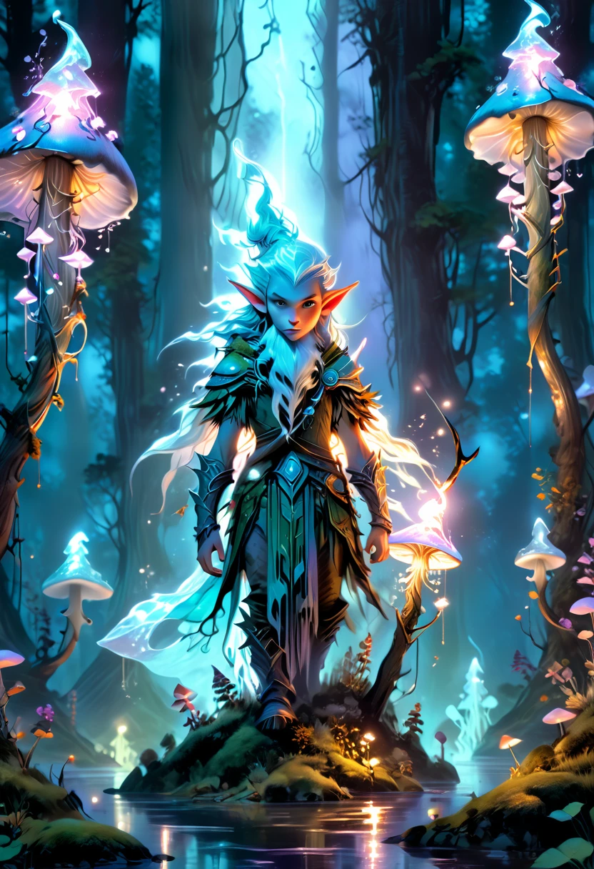 a beautiful tall ice-elf on a forest path at twilight standing on an incredibly large bio luminous ice-mushroom holding a bow and arrow, Ultra detailed illustration of a person lost in a magical world of wonders, glowy, translucent, transparent, bioluminescent flora, incredibly detailed, pastel colors, handpainted strokes, visible strokes, oil paint, art by Mschiffer, night, bioluminescence