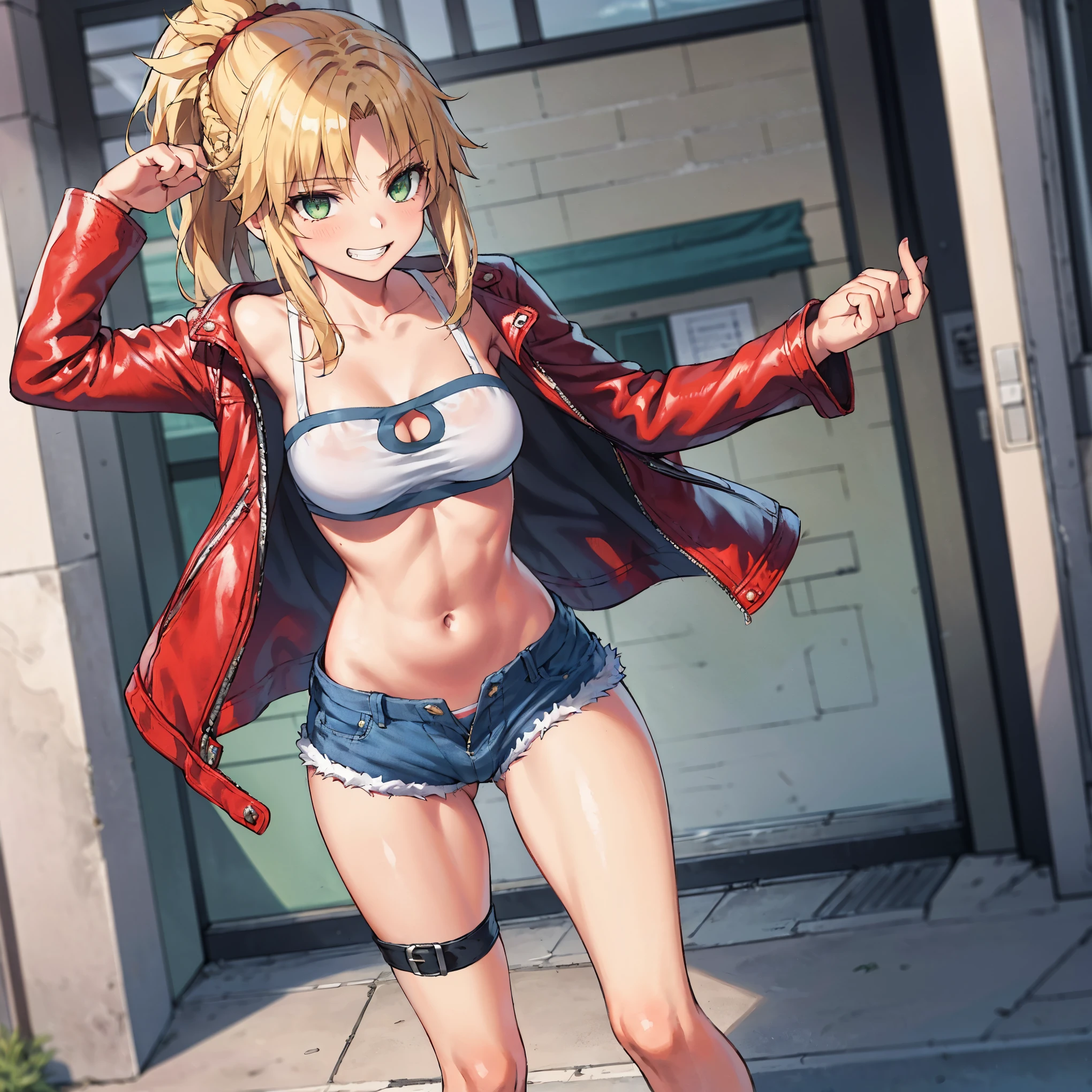 Masterpiece, Best Quality, illustration, city street, 1girl, Mordred \(fate\), cowboy shot, collarbone, Detailed blond hair ponytail braid, green eyes, Red leather jacket, White short blouse, denim shorts,navel,thigh-high,grin, covered_pussy,skiny