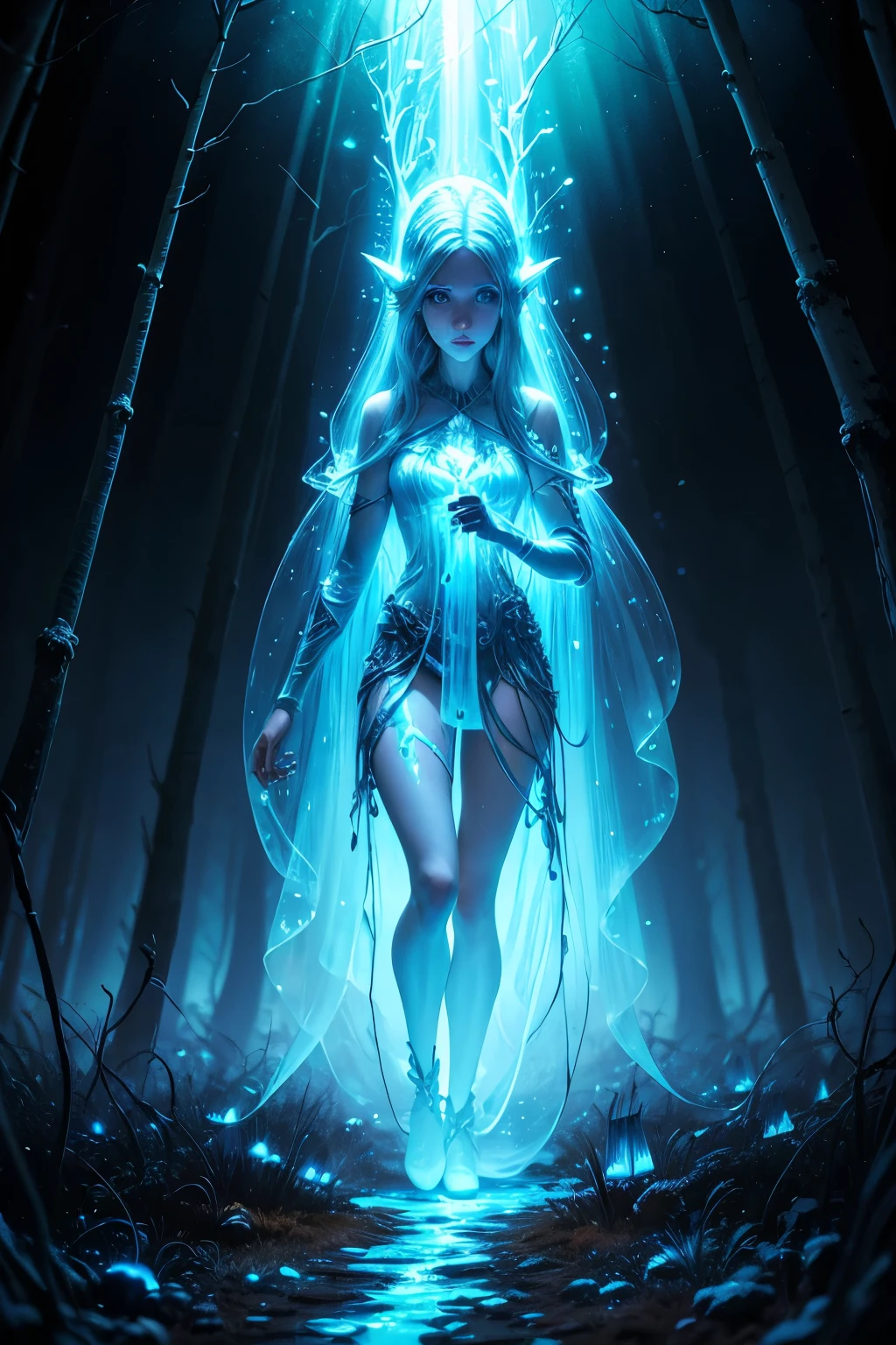 a beautiful tall ice-elf on a forest path at twilight standing on an incredibly large bio luminous ice-mushroom holding a bow and arrow, Ultra detailed illustration of a person lost in a magical world of wonders, glowy, translucent, transparent, bioluminescent flora, incredibly detailed, pastel colors, handpainted strokes, visible strokes, oil paint, art by Mschiffer, night, bioluminescence