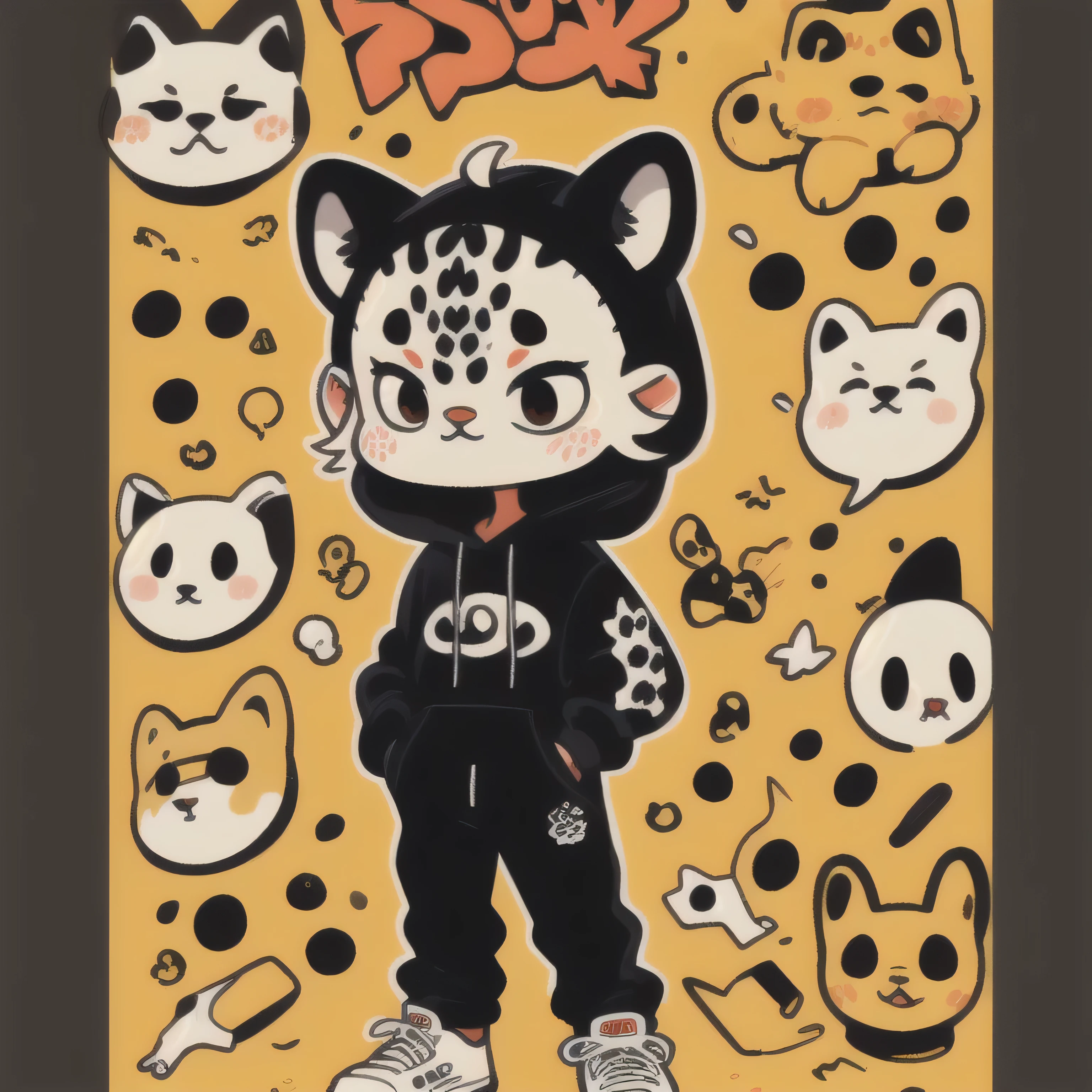 Cartoon image of A Cool Leopard wearing black hoodie, hands in pockets, Black pants, Red sneaker, Earrings on ears, Cartoon style illustration, Cartoon Art Style, Cartoon Art Style, Digital illustration style, Highly detailed character design, cute detailed digital art, Fan Art, Animal Sticker, Animal Character Design, Sticker Design, beautiful digital illustration, high quality full body sticker, Comic art, Kawaii Character Design, Chibi, Chibi Design, white background