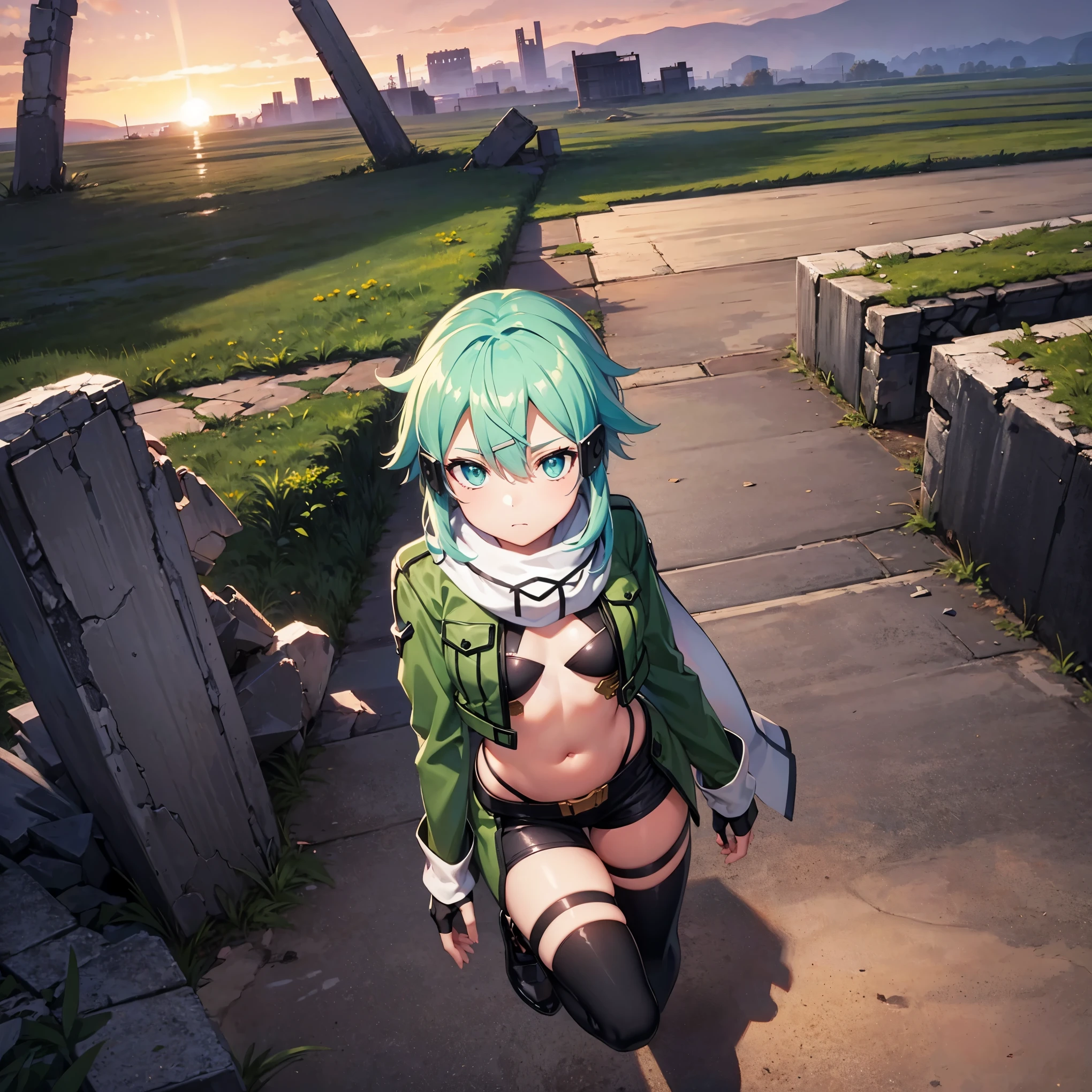 (masterpiece), best quality, expressive eyes, perfect face, highres, sinon1, scarf, fingerless gloves, long sleeves, short shorts,groin, hair ornament, hairclip, green thighhighs, green jacket,covered_nipples, thigh strap, field, sunset_ruins_landscape_background, ruined structures, dynamic_posing, looking at the viewer, (from above:1.2),covered_navel,