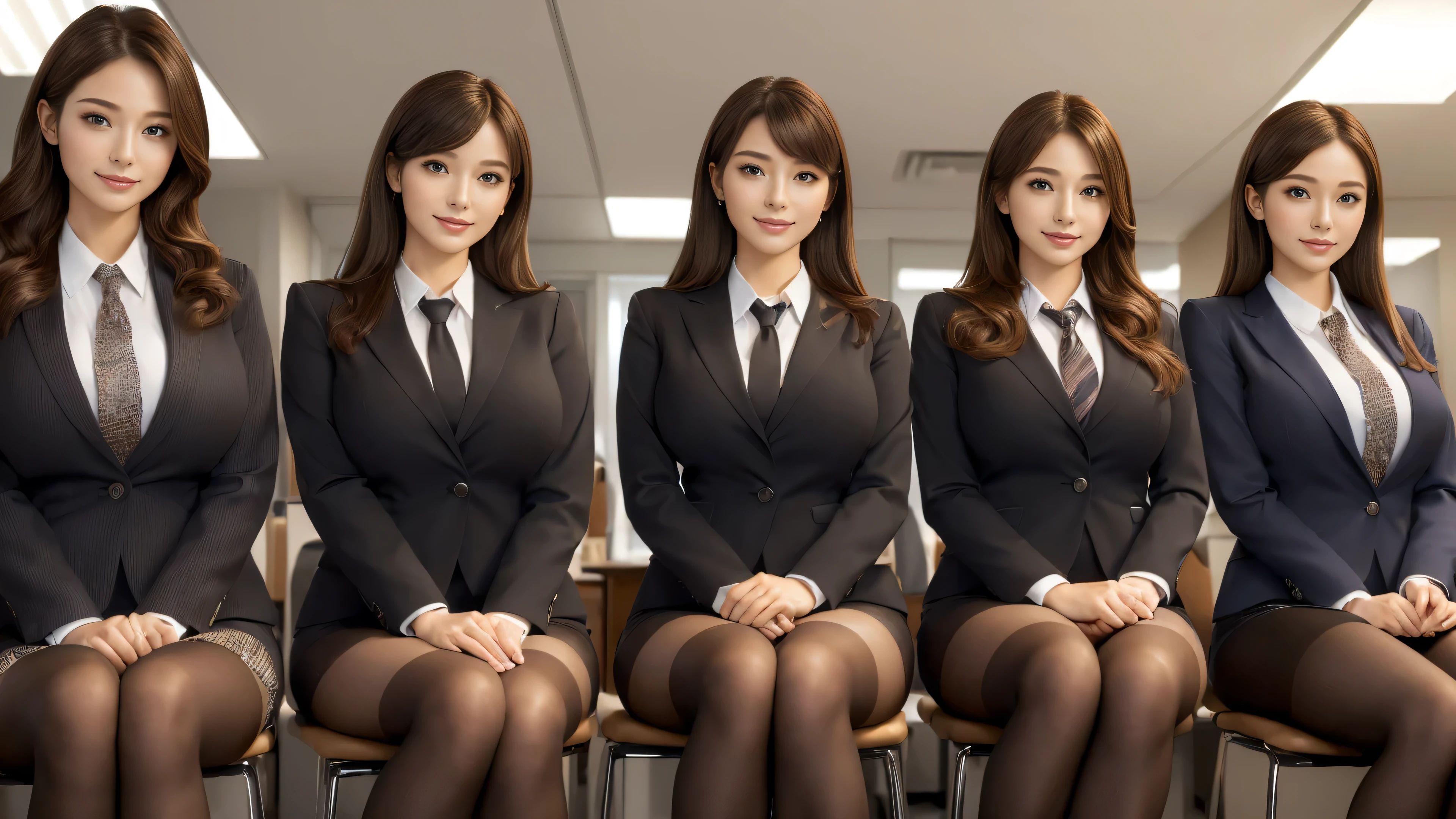 (best quality, masterpiece:1.5), (ultra-detailed, realistic:1.37),4K,(4woman:1.5),(smile:1.3),(4group photo),japanese,cute,beautiful,(big breast),(office suits),(skirt),blouse,(black pantyhose),beauty legs,(sexy pose:1.1),(fold your arms behind your head:1.3),(angle from below:1.2),(sitting:1.2),(various hairstyle women:1.2),office group