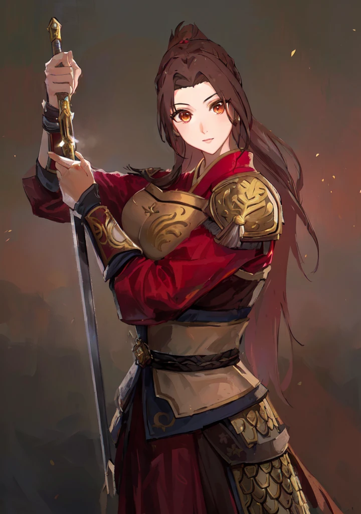 Three Kingdoms,Dynasty Warriors,A woman with a sword,Mai Shiranui,Dark brown hair,armor,中国armor,Royal sister,Animation Characters,Huge Breasts