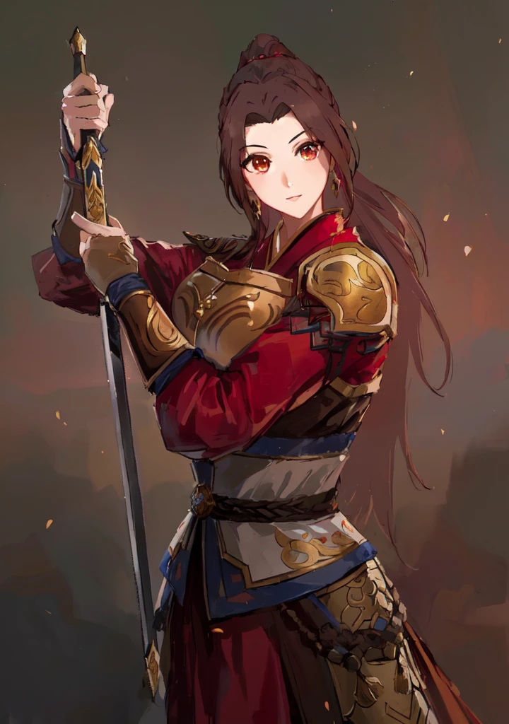 Three Kingdoms,Dynasty Warriors,A woman with a sword,Mai Shiranui,Dark brown hair,armor,中国armor,Royal sister,Animation Characters,Huge Breasts
