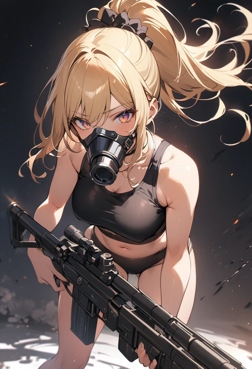((True Face、Shot from a little below、Light up from below))、Beautiful and cute girl、(((stand、Twin tails)))、highest quality、ウルトラ - High resolution、High resolution、Highly detailed CG、8k unit wallpaper、、A detailed and beautiful face、Detailed and beautiful eyes,(((Large Breasts、Platinum Blonde Hair、contrast)))、((((( Brown Skin:2、Dark Skin:2 , Cleavage ,Moist eyes)))))、(Black glossy body:1.8),((Sunburn mark))、((((((loose socks、Sweat、Orange and white round girl、Carry a rifle and walk across the battlefield))))))