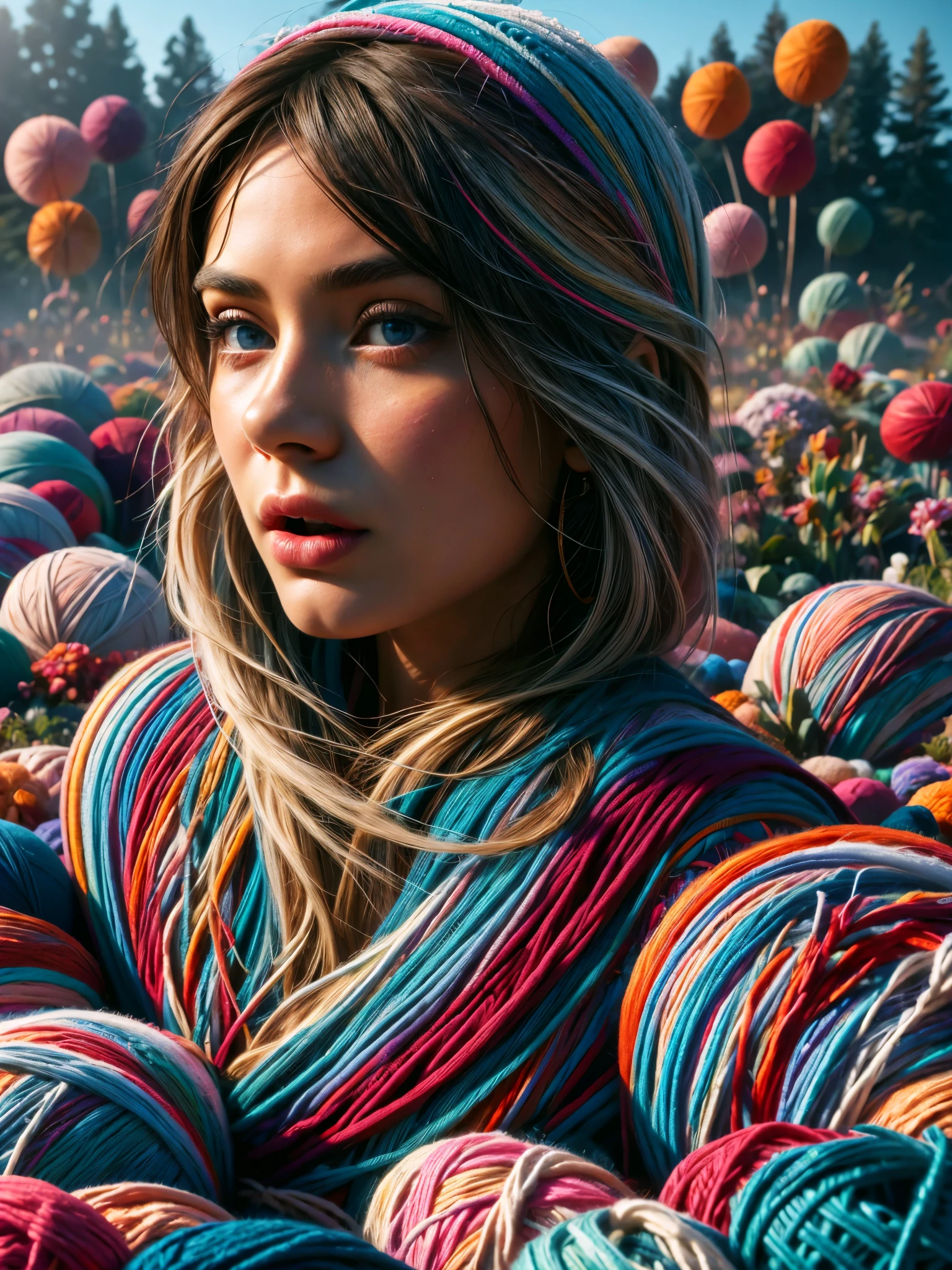 a girl running away from a huge ball of yarn, beautiful detailed eyes, beautiful detailed lips, extremely detailed eyes and face, beautiful eyelashes, scared expression, alone, 1 girl, fantasy, photography, high quality, best quality, 4k,8k, high resolution, masterpiece:1.2, ultra detailed,r ealistic, photorealistic, photorealistic:1.37, HDR, UHD, studio lighting, ultra-fine painting, sharp focus, physically based rendering, extreme detail depiction, professional, vivid colors, bokeh, fantastic art , capricious.