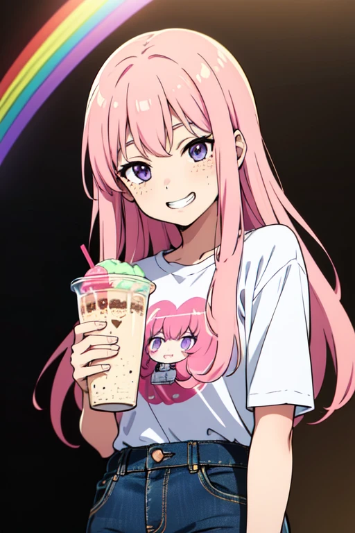 AniPoma 1,(masterpiece, Best illustrations, The best manga), alone, One girl, Purple eyes, (Glowing Skin, Soft Hair), (Milkshake in hand), freckles, (Bright pink two-tone hair:1.3), (Wearing a Led Zeppelin T-shirt, Denim jeans), (Extreme light and shadow, Volumetric lighting, Rim Light), (Dawn:.5), (Rainbow Light, Light leakage), (Fascinating, Grin), (alone), Manga Dusk 1, Manwa 1