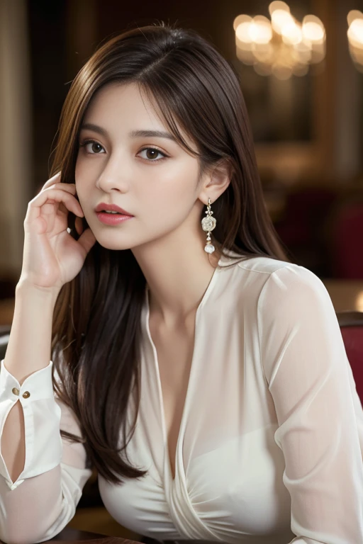 masterpiece, Highest quality, Realistic, Very detailed, Finer details, High resolution, 8k wallpaper, One beautiful woman, Wear an elegant white see-through blouse, In a great restaurant, At night, Light brown messy hair, Perfect dynamic composition, Beautiful and beautiful eyes、Big earrings