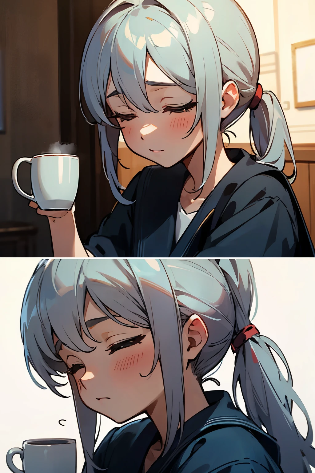 ((best quality)), ((masterpiece)), (detailed), Long hair,Gray Hair,Close your eyes tightly,pretty,Girl,Mug shot,Side Ponytail,cartoon