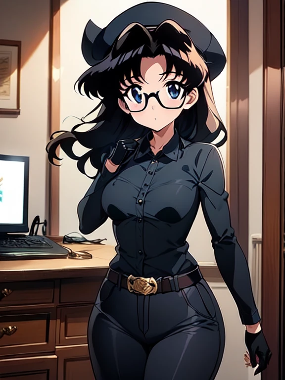 masterpiece, high quality computer graphics, anime, illustration, Best quality, 1 girl, border, bond, Beautiful face, detailed face, cowboy shot, dokkabi, 1 girl, One, I look at the viewer,  black hair, hair, Glasses, black gloves, belt, trousers, black eyes, twin hairs, highlighted hair, black headdress, Body, black trousers, round glasses, black Body, cap, hair behind the ear, 