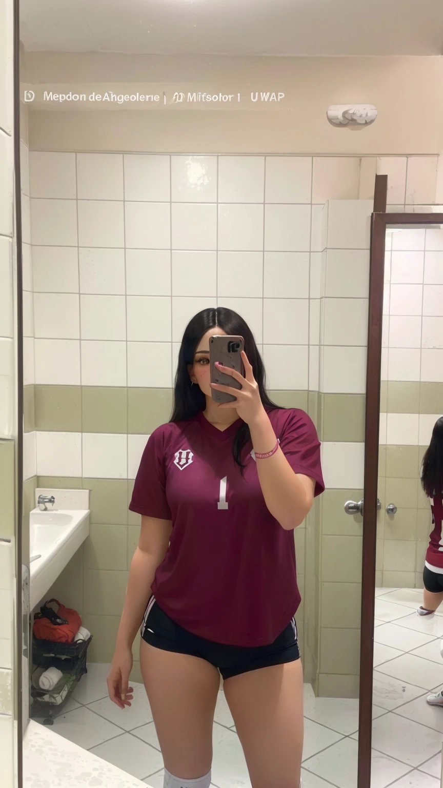 there is a woman taking a selfie in a bathroom mirror, maroon and white, wearing a volleyball jersey, train with maroon, in tshirt, in bathroom, standing in front of a mirror, 🤬 🤮 💕 🎀, fit pic, in a bathroom, full body picture, 🦩🪐🐞👩🏻🦳, unreal ungine 5