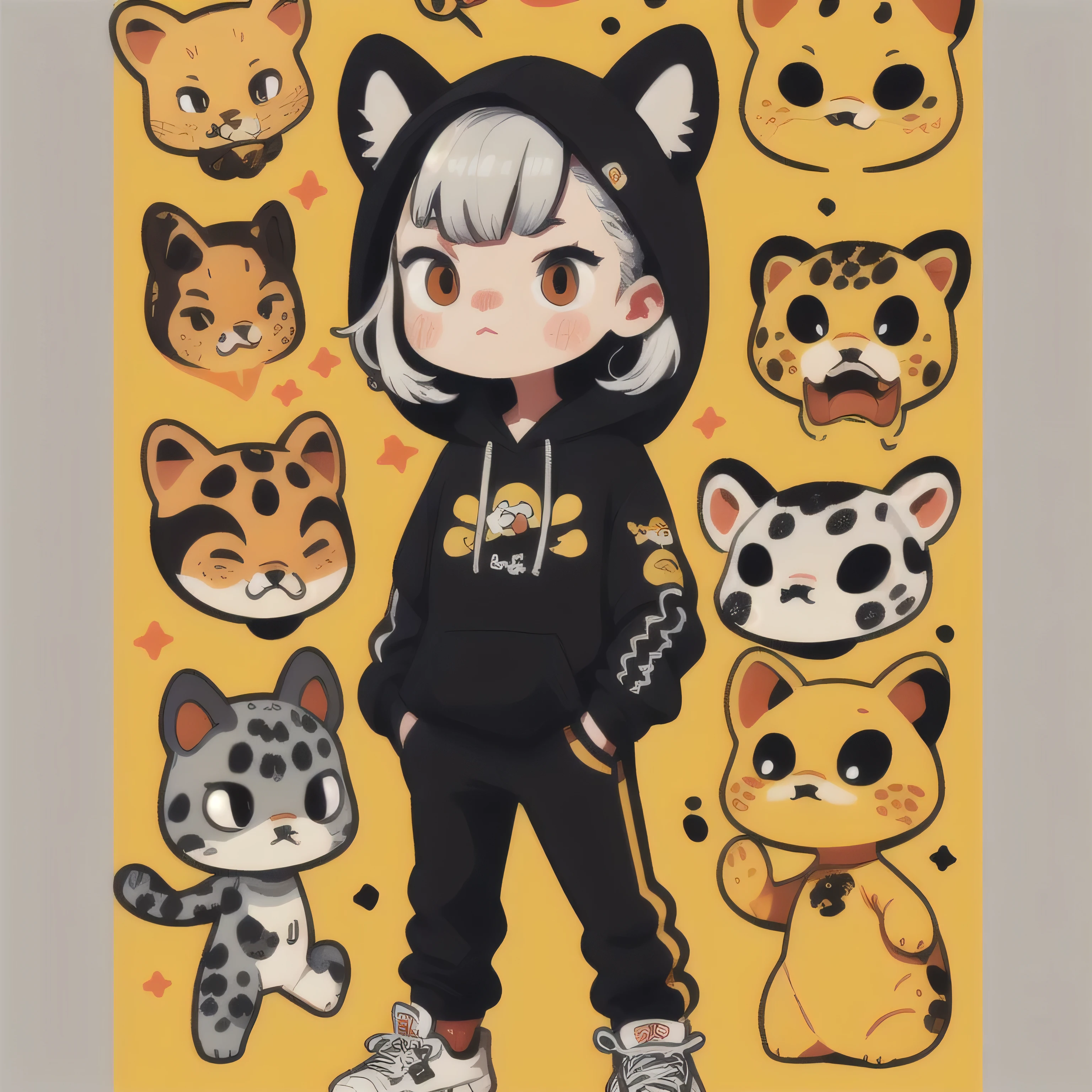 Cartoon image of A Cool Leopard wearing black hoodie, hands in pockets, Black pants, Red sneaker, Earrings on ears, Cartoon style illustration, Cartoon Art Style, Cartoon Art Style, Digital illustration style, Highly detailed character design, cute detailed digital art, Fan Art, Animal Sticker, Animal Character Design, Sticker Design, beautiful digital illustration, high quality full body sticker, Comic art, Kawaii Character Design, Chibi, Chibi Design, white background