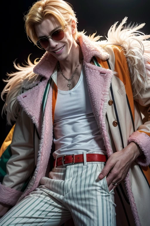 masterpiece, best quality, extremely detailed, hyperrealistic:1.1, photorealistic, a cool 40s man, ultra detailed face:1.1, full body shot:1.2, sunglasses, pink fur, white no-collar shirt, shirt blonde hair, pale skin, laughing