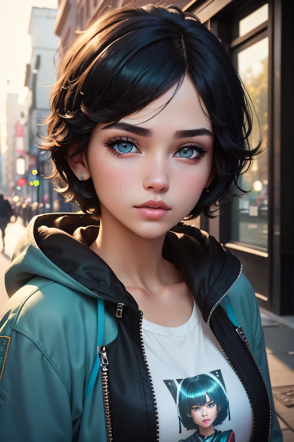 a cute 18 year old girl with short black hair, turquoise eyes, beautiful detailed eyes, beautiful detailed lips, extremely detailed face and features, street wear outfit, natural lighting, warm color tones, photorealistic, 8k, highly detailed, intricate, masterpiece