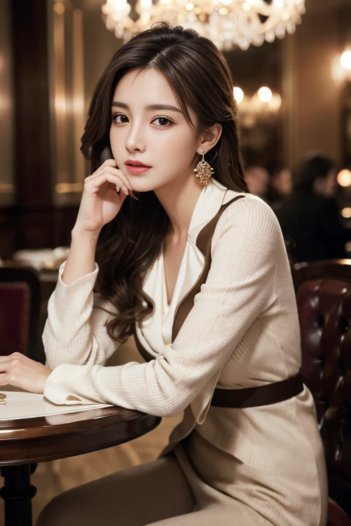 masterpiece, Highest quality, Realistic, Very detailed, Finer details, High resolution, 8k wallpaper, One beautiful woman, Wear a nice suit, In a great restaurant, At night, Light brown messy hair, Perfect dynamic composition, Beautiful and beautiful eyes、Big earrings、Sitting in a chair、