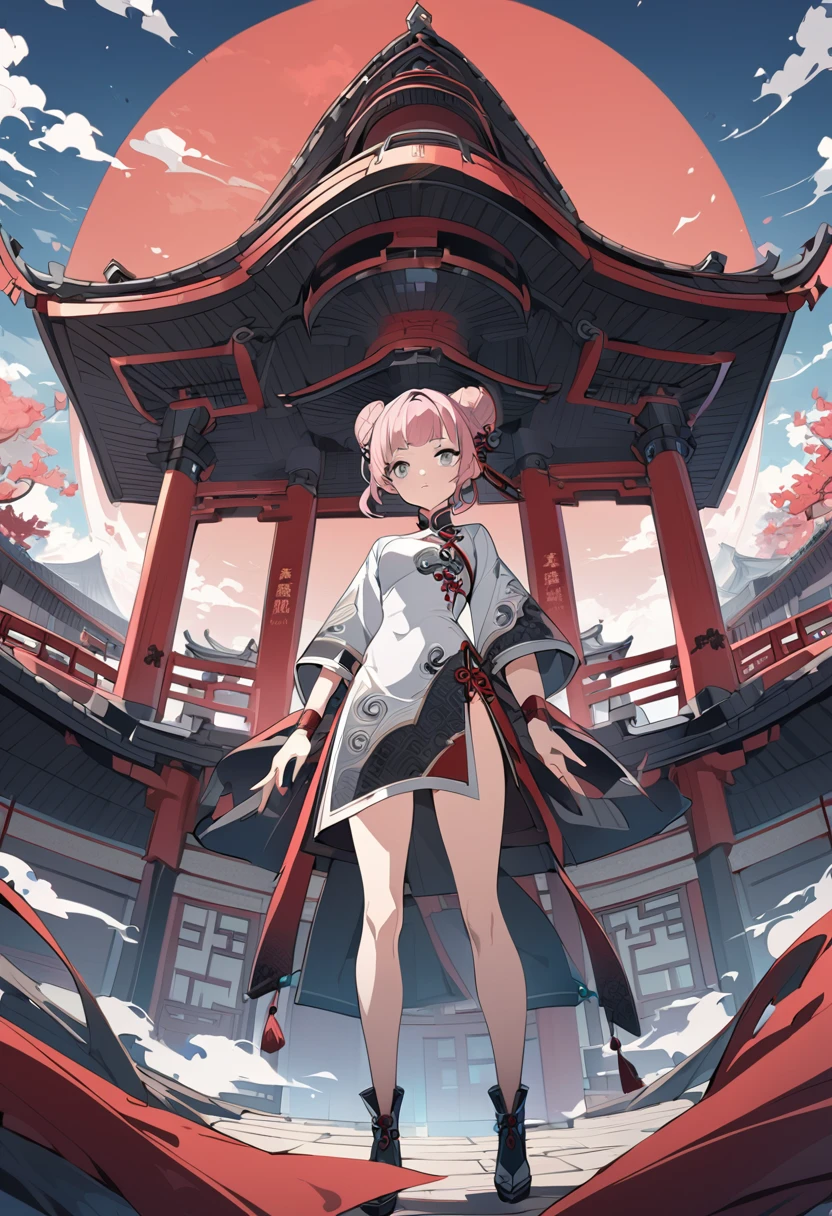 Anime Style, Grey Eyes, short, Chinese Costume, whole body,Pink Hair, Grey Eyes,, Wide-angle shot,bun hair,Beautiful background,Chinese architecture
