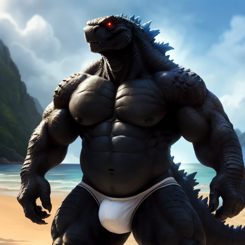 detailed background, godzilla, male anthro godzilla, GodzillaXP (black body, black skin), paws, nipples (((muscular, big pecs, big arms, big spikes, buff, white underwear))), (((beach))), furry, 8k hd, fine details, Wrinkly body, cinematic lighting, detailed background, kenket, breasts, perfect breasts, Perfect, super chubby, perfect body, full body, dark toned genitalia, anatomically correct genitalia, red eyes, glowing eyes, empty eyes, close up view, happy, standing, holding towel, being watched (((smile))), sweating, front view, looking at viewer,
