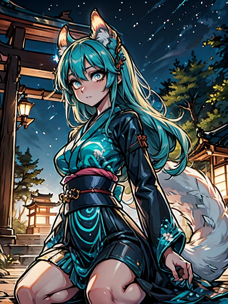 Miku Hatsune x vixen, hocivo de zorra high definition good anatomy agregar_detalle:1, pelaje azul,Orejas de Kitsune, tribal tattoo agregar_detalle:1, cute girl agregar_detalle:1, feudal priestess clothing agregar_detalle:1, japanese shrine landscape agregar_detalle:1, japanese shrine costume agregar_detalle:1, agregar_detalle:1, fullbody  descalza agregar_detalle, highly detalleed face, deep aqua iris agregar_detalle:1 lighting eyes agregar_detalle:1, wild slut agregar_detalle:1, matsuri japones de fondo, fuegos artificiales en el cielo, glowing hair add_detail, glowing body add_detail, kitsune godness sendual and traditional kimono costume