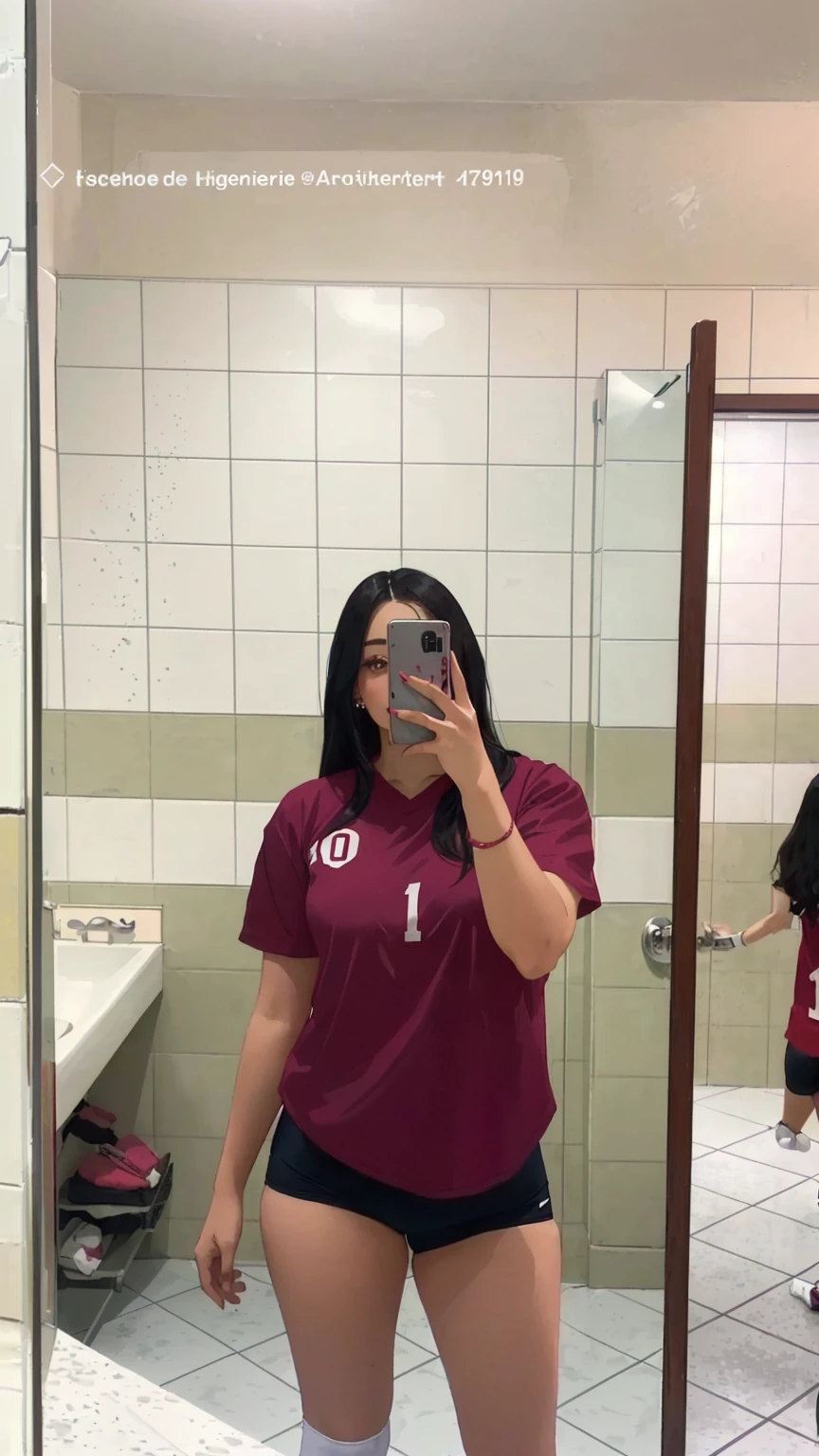 there is a woman taking a selfie in a bathroom mirror, maroon and white, wearing a volleyball jersey, train with maroon, in tshirt, in bathroom, standing in front of a mirror, 🤬 🤮 💕 🎀, fit pic, in a bathroom, full body picture, 🦩🪐🐞👩🏻🦳, unreal ungine 5