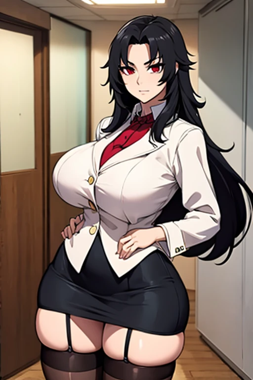 Super-detailed, 8k HD,Kurenai Yuhi, 1 girl, solo, mature, beautiful and detailed face, detailed hand, long black hair, red eye, slender hips, thick thighs, huge and droopy breast, huge round ass, black office suit and mini skirt, long cravat , fishnet thigh high stocking, expressionless, holding office documents, standing in the hallway waiting