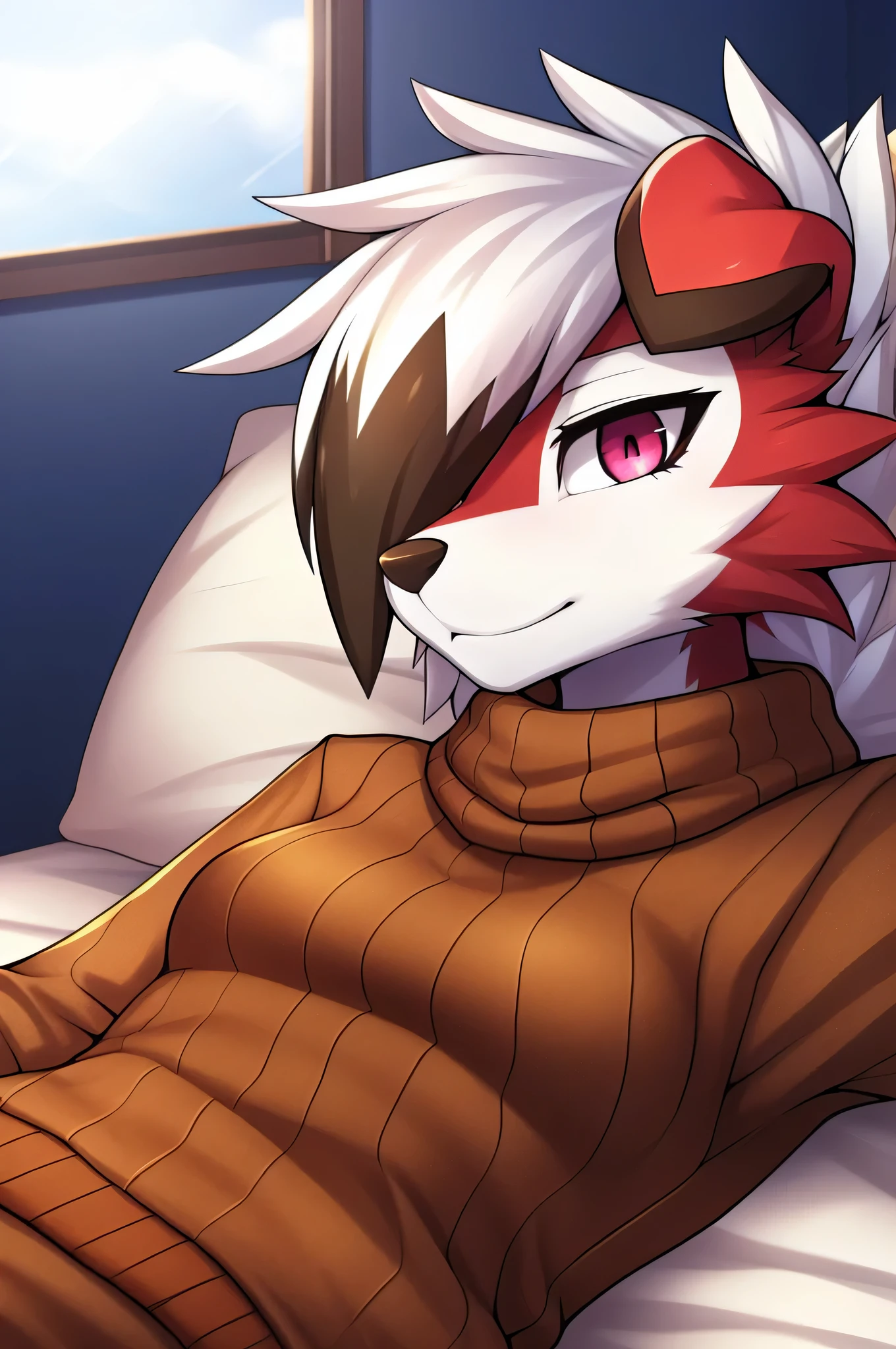 By zinfyu,by twistedscarlet60, uploaded on pixiv, by fluff-kevlar, (masterpiece), (best quality), (solo female:1.2), (extremely detailed:1.3),(detailed eye,black circle on eye,pink eye),(lycanrock's hair, white hair, black pony),snall chested, Slim:1.2, (tail:1.1),lycanroc midnight, view on viewer, close view, wearing brown sweater,tight clotches, Close up photo of lycanroc, close view, (only body and head on potrait),in bedroom, laying, lay on bed, bed