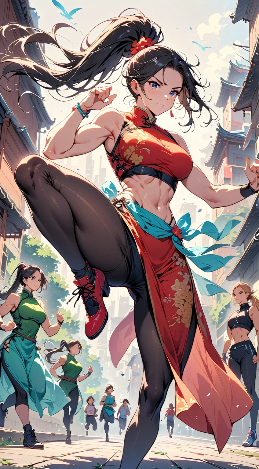 beautiful muscular woman doing a jumping kick, six pack, high ponytail ,women in background , Chinese dress crop top, and leggings , full body portrait