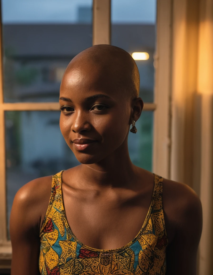 photo of Africa American lady expression smiling hopeful beautiful young 22 year old Zimbabwe woman with shaved head, bald head, nsfw,
looking down. Modern style, inside a room , residential neighborhood visible through window, evening.
cinematic lighting, vibrant colors, detailed skin texture, detailed cloth texture, beautiful detailed perfect face, intricate sharp details, ultra high res