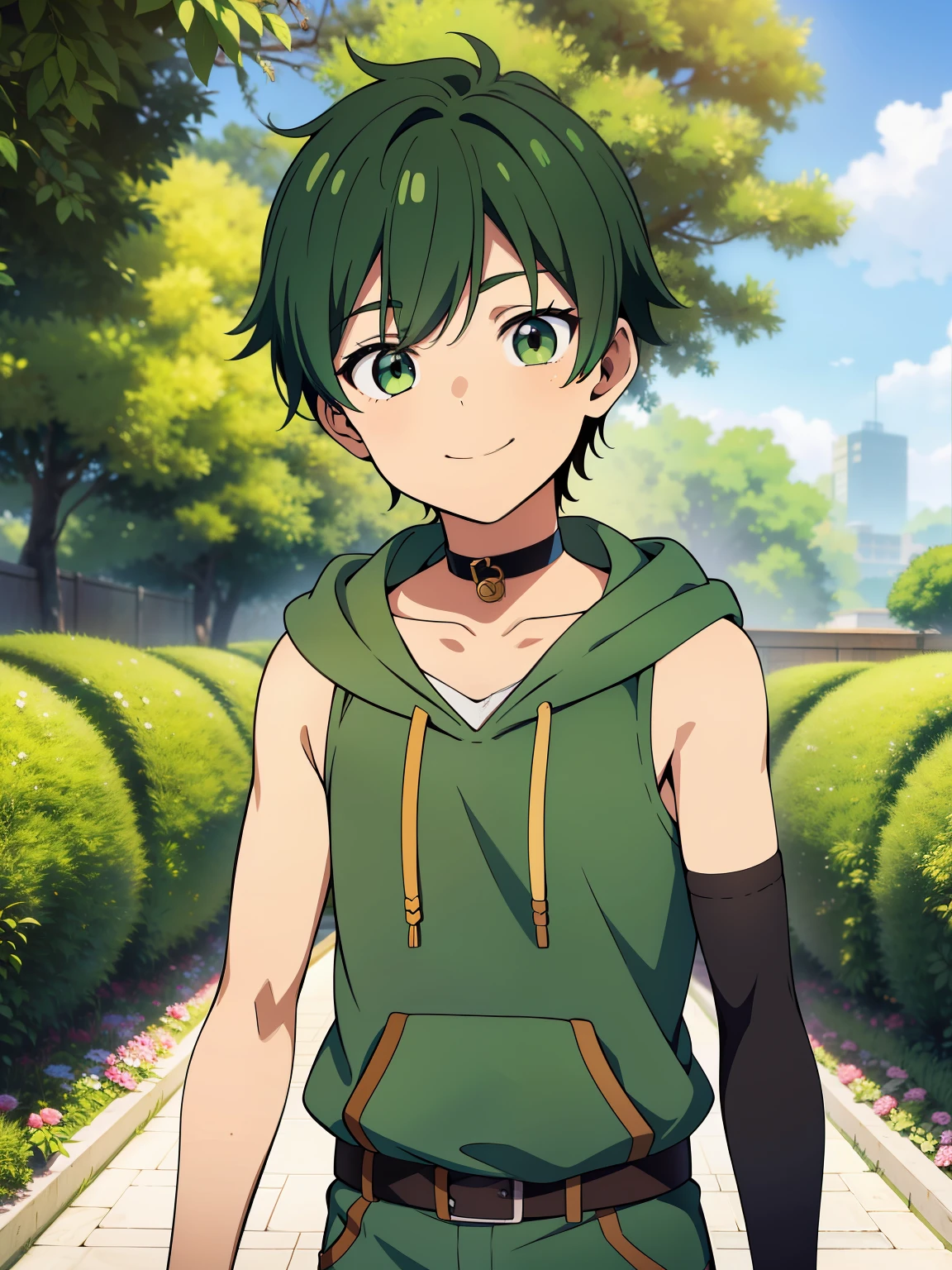 Highres, Masterpiece, Best quality at best,Best Quality,hight quality, hight detailed, Anime style, 1boy, Shota, young boy, Solo person, smile, Green hair, Straight hair, garden, Sleeveless hoodie, Bare shoulder, Seen from the front, look at viewer, upper body, belt, choker, Baby face, (very young boy), (very small and short body), 12-year-old boys, uhd, blurry beckground