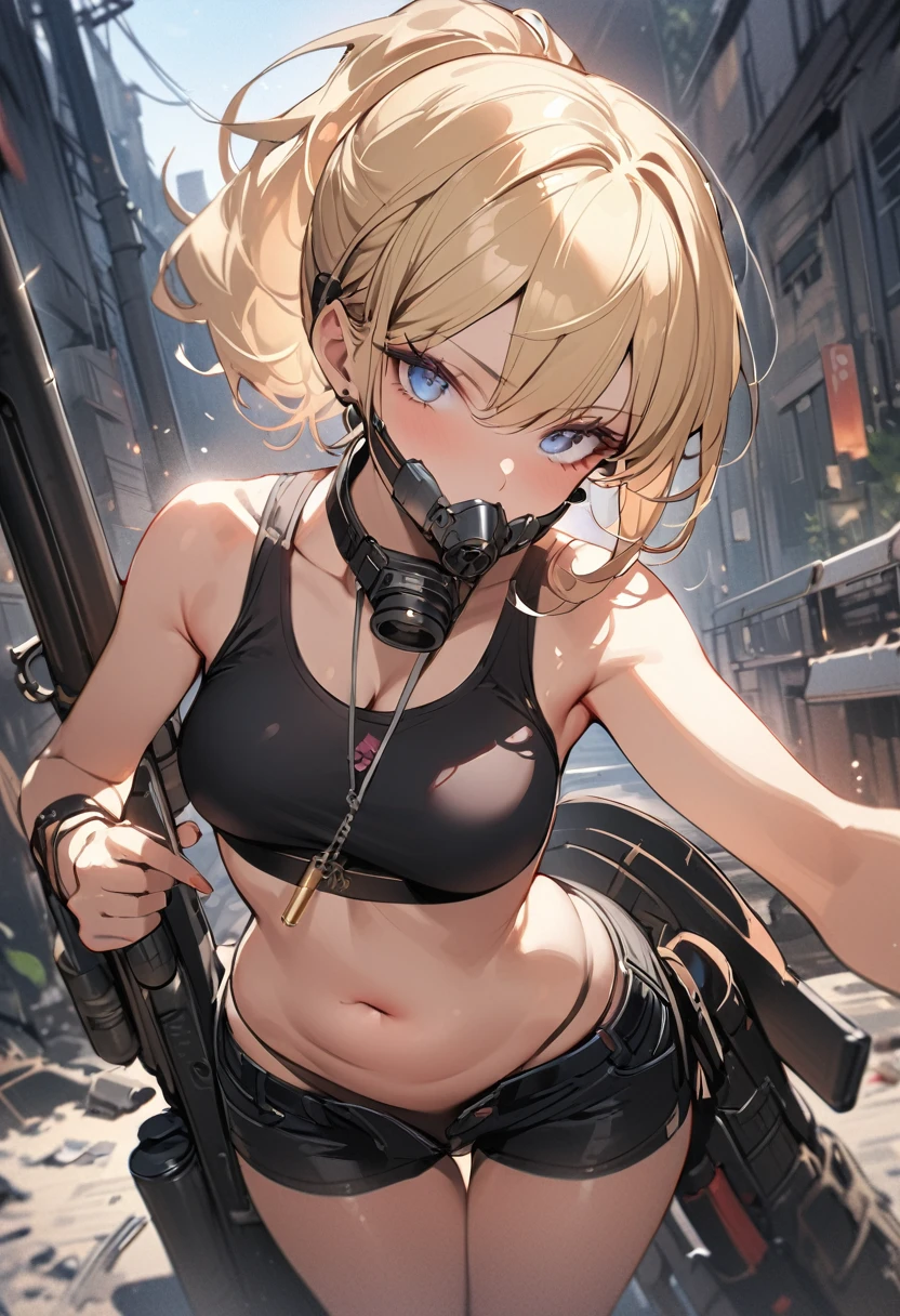 1girl, standing, upper body, facing viewer, looking away, (left hand behind the head:1.4), mature women, tall female, blonde hair, long hair, high ponytail, hair over one eye, hairclip, cyberpunk, techwear, choker, midriff, bare shoulder, sideboob, Poking nipples, nipples, covered nipples, <lora:techwear:0.8>, expressionless, closed mouth, blue eyes, utsurome, outdoors, tree, buildings, bench, ino yamanaka, <lora:ino yamanaka epoch5_2:0.6>,