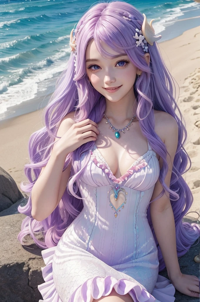 Pastel purple hair Wavy Long Hair Purple Eyes Seashell hair ornament smile White mermaid frilly dress Clear blue sea Light of the sun Seashell piercing Pink shells live-action