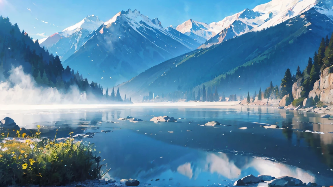 Des montagnes imposantes se reflètent dans les eaux calmes d&#39;un lac clair々peint、Scène de style anime avec un paysage tranquille. par Makoto Shinkai, fond d&#39;écran animé 4k, fond d&#39;écran animé 4k, Fonds d&#39;écran d&#39;art animé 8K, fond d&#39;écran animé 4k, fond d&#39;écran animé 4k, Fond d&#39;écran animé 4K, Ciel d&#39;Anime, Fonds d&#39;écran impressionnants, fond d&#39;anime, Planètes célestes en arrière-plan, fond d&#39;anime art