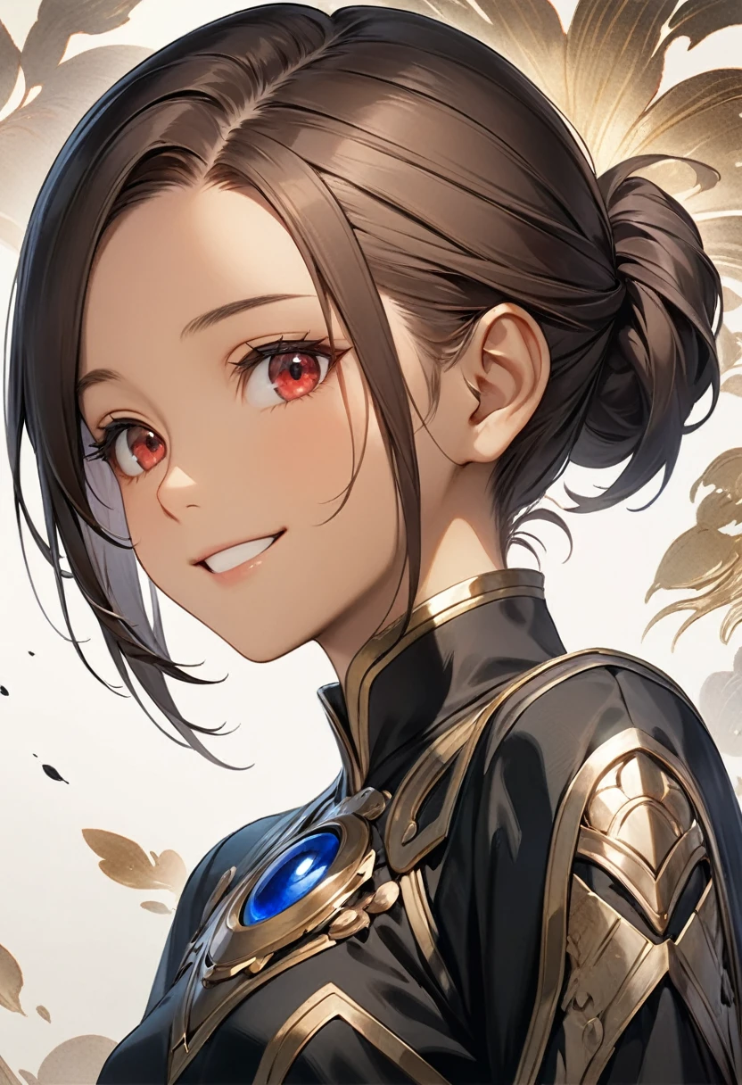 (Pressure booster),Transition(Fate Grand Order), Brown Skin, Shine_eye,masterpiece, Highest quality, Official Art, 8k wallpaper, Very detailed, figure, beautiful eye,A kind smile, Ink Painting,Small breasts, 1 girl,(Upper Body), Realistic,red eye,
