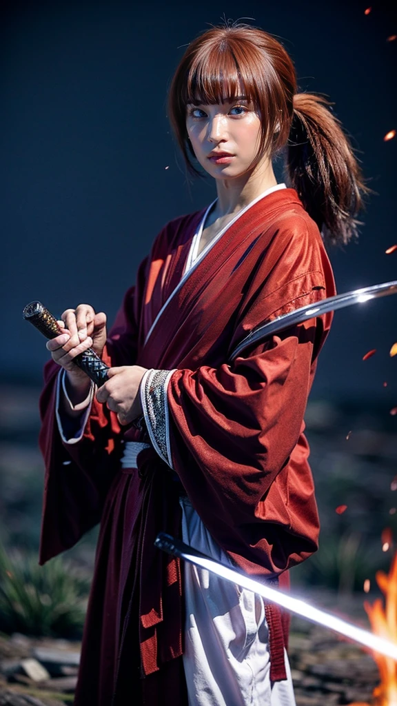 "Rurouni Kenshin",
A moment of frenzy,
capturing the essence of his fiery determination and indomitable spirit,
he exploded in rage,
the action with a straight sword in hand,
bold,
strongly conveying the raw power of Kenshin's rage,
long hair, ponytail, red hair,
sword,
cross mark on left cheek,
high quality, realistic,
20-year-old woman, holding a sword in her hand, surrounded by fire. The man is in a posture of determination, she wears a red kimono with an intricate pattern, combined with a white hakama. The lighting is realistic, emphasizing the intensity of the scene.