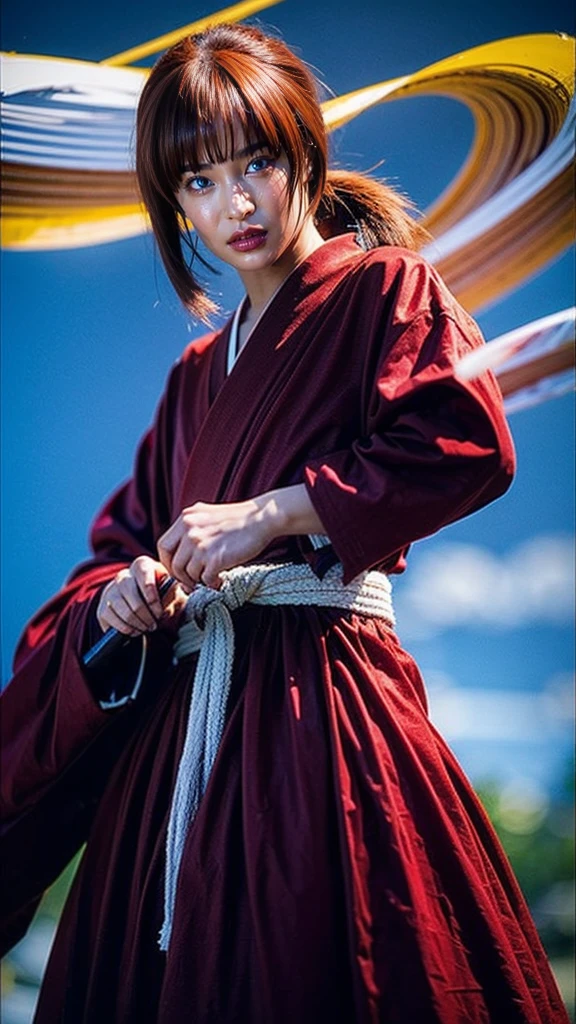"Rurouni Kenshin",
A moment of frenzy,
capturing the essence of his fiery determination and indomitable spirit,
he exploded in rage,
the action with a straight sword in hand,
bold,
strongly conveying the raw power of Kenshin's rage,
long hair, ponytail, red hair,
sword,
cross mark on left cheek,
high quality, realistic,
20-year-old woman, holding a sword in her hand, surrounded by fire. The man is in a posture of determination, she wears a red kimono with an intricate pattern, combined with a white hakama. The lighting is realistic, emphasizing the intensity of the scene.