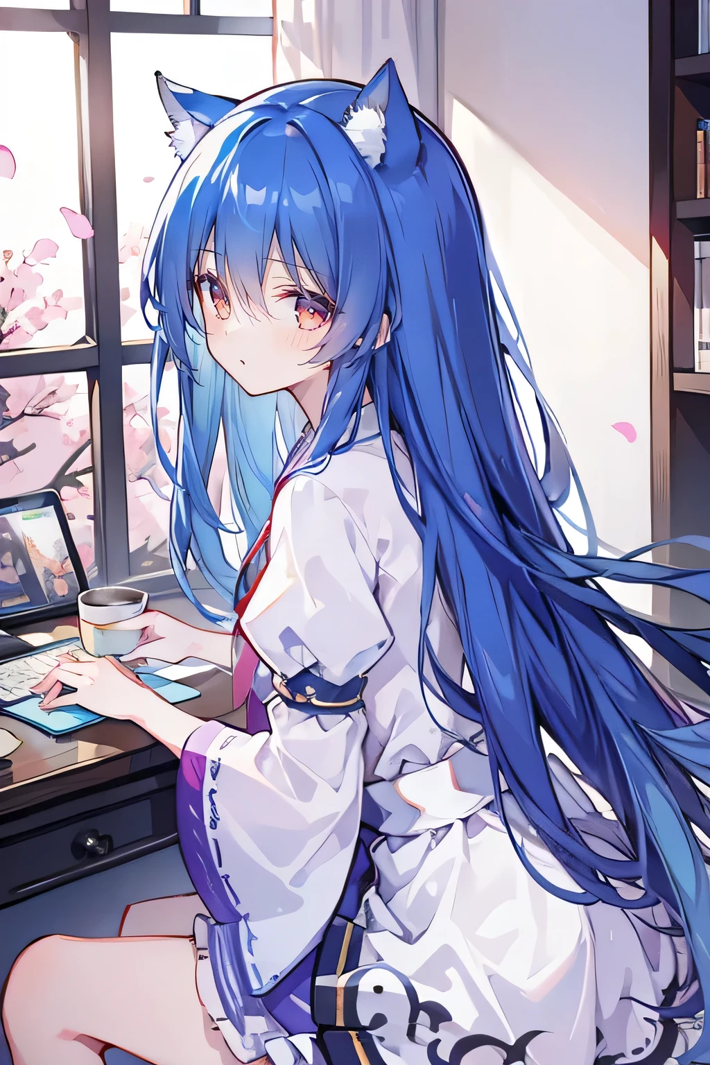 (masterpiece:1.2),Super detailed,lifelike,Expressive eyes,fair skin,perfect face shape,1 girl,
Japanese comics,Gorgeous blue hair,flowing blue hair,flowing clothes,Cat ears,Petals fall,beautiful lola,Baby Angel,
Shaking head with one hand,Cross your legs,,The pavilion is cool and comfortable,smile,back views,sunrise,Petals fall,sunrise,sitting on window sill drinking coffee and looking out the window。