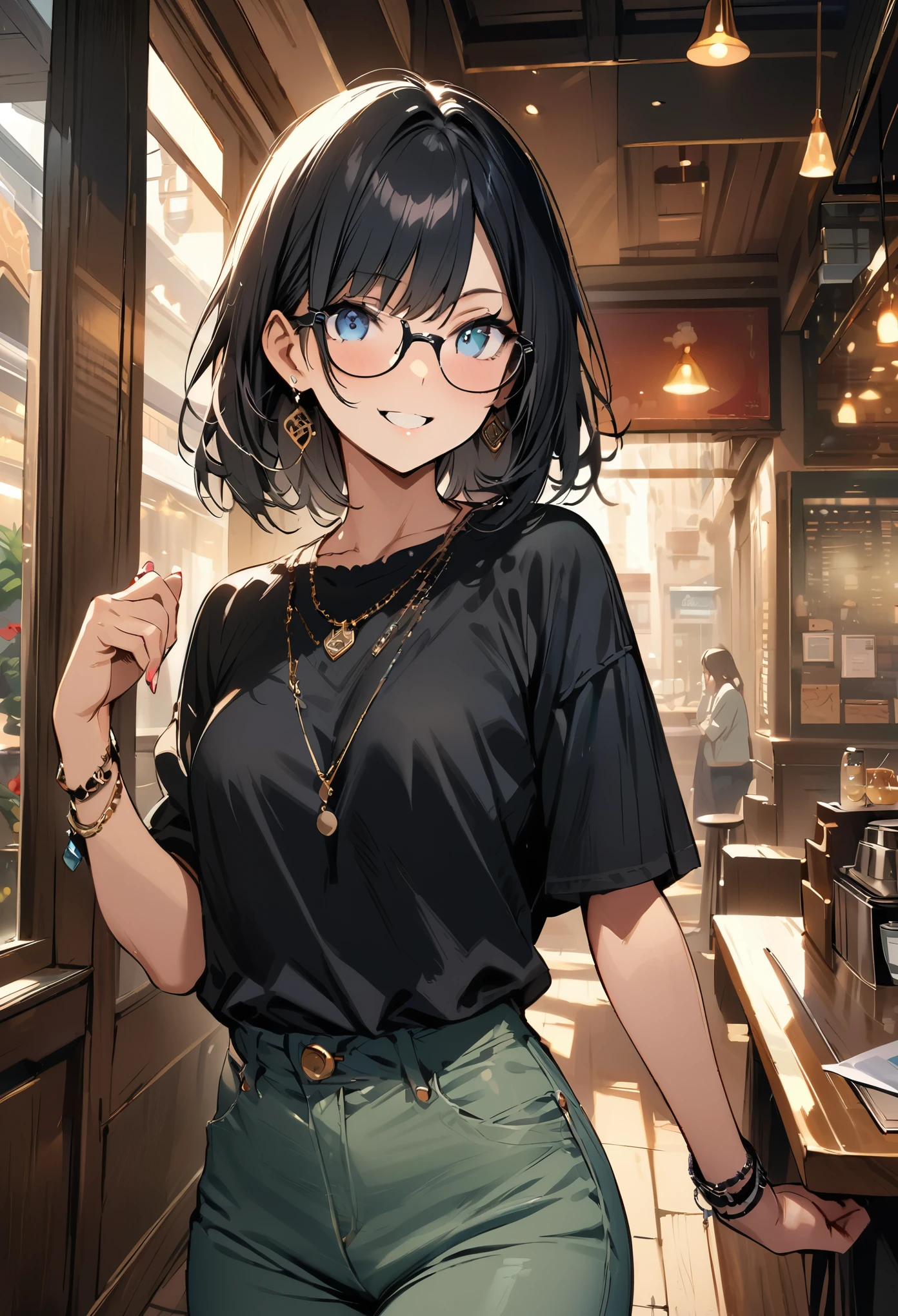 (masterpiece, best quality:1.3),high resolution,super fine illustration,detailed skin,detailed face,detailed eyes,1girl,casual,necklace,jewelry,bracelet,earrings,glasses,black hair,cafe,cowboy_shot,front view,looking_at_viewer,grin,