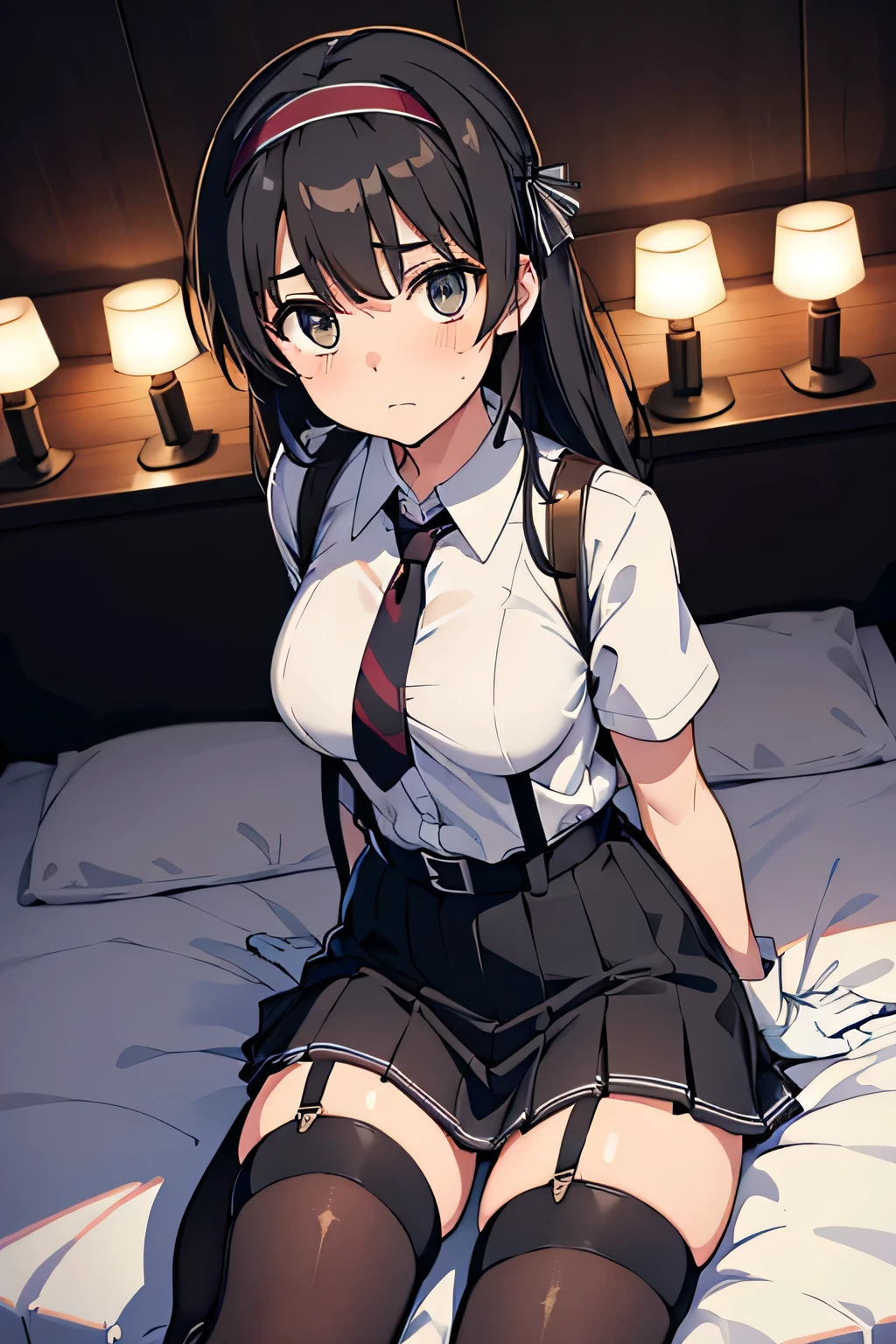 1 female, , high quality, masterpiece, Ultra-high resolution, , Cinema Lighting, , , And the suspenders with the cranes flying Moderate breasts Large Breasts Small face holster Lying in bed Looking up Sweat belt summer 脇Sweat Black Hole Gloves suit garterbelt Leg Links ズボンにbelt holster Hands behind your back Anxious expression Looking up Anxious face Knee-high Knee socks Knee-highソックス garterbelt garter ふとももにgarterbelt Checkered mini skirt Necktie Headband ribbon Panty shot Skirt gap Armed Handgun handcuffs Cable ties レッグholster holster