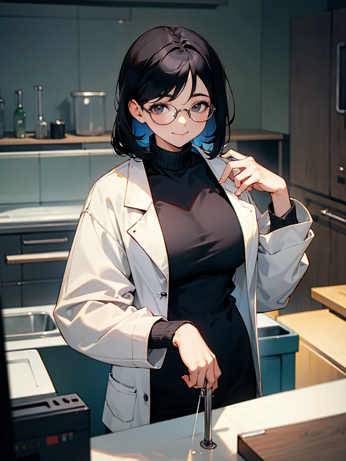 1female, black hair, beautiful, busty, adult, lab coat, glasses, sweater, inside kitchen, smile