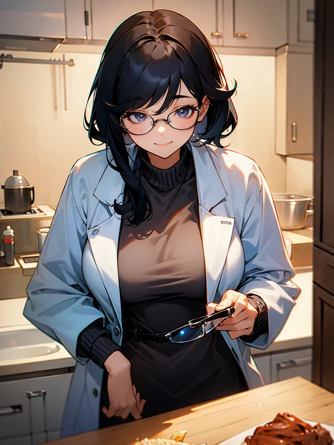 1female, black hair, beautiful, busty, adult, lab coat, glasses, sweater, inside kitchen, smile
