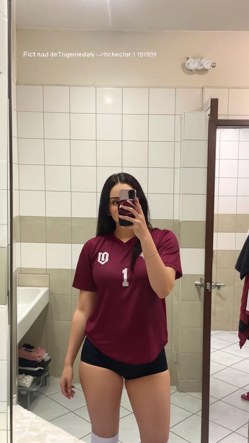 there is a woman taking a selfie in a bathroom mirror, maroon and white, wearing a volleyball jersey, train with maroon, in tshirt, in bathroom, standing in front of a mirror, 🤬 🤮 💕 🎀, fit pic, in a bathroom, full body picture, 🦩🪐🐞👩🏻🦳, unreal ungine 5
