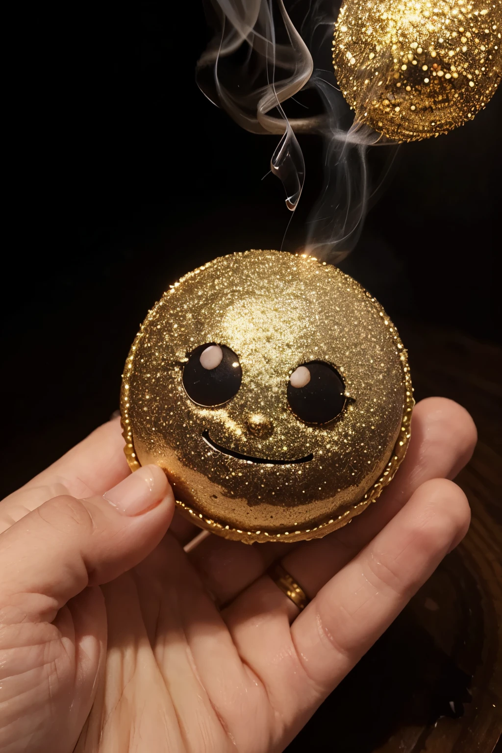 A logo of an edible called monchis that has high eyes and is smoking glitter 

