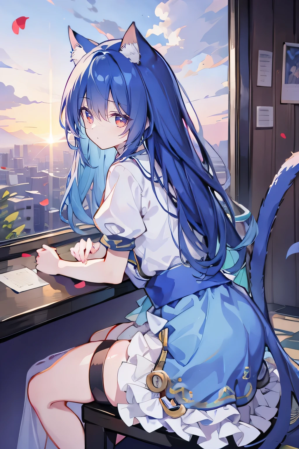（masterpiece：1.2），Super detailed，lifelike，Expressive eyes，fair skin，perfect face shape，1 girl，
Japanese comics,Gorgeous blue hair,flowing blue hair,flowing clothes,Cat ears,Petals fall,beautiful lola,Baby Angel,
Shaking head with one hand，Cross your legs，，The pavilion is cool and comfortable,smile,back views,sunrise,Petals fall,sunrise，sitting on window sill drinking coffee and looking out the window。