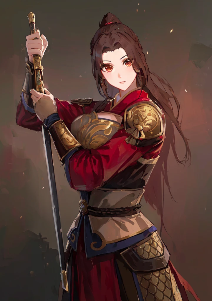 Three Kingdoms,Dynasty Warriors,A woman with a sword,Mai Shiranui,Dark brown hair,armor,中国armor,Royal sister,Animation Characters,Huge Breasts