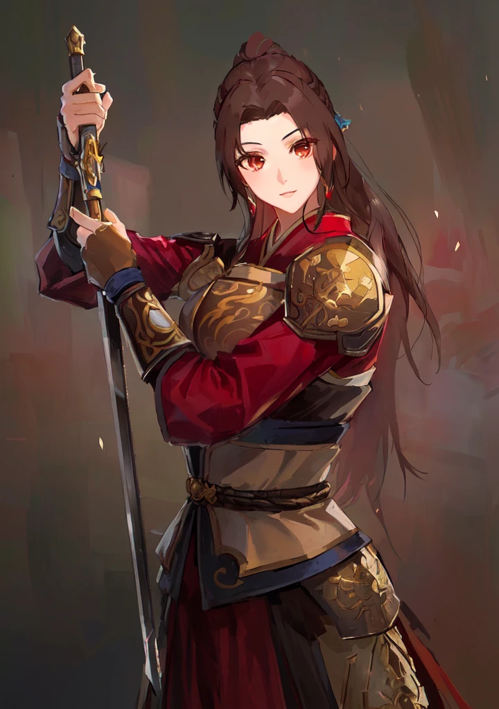 Three Kingdoms，Dynasty Warriors，A woman with a sword，Mai Shiranui，Dark brown hair，armor，中国armor，Royal sister，Animation Characters，Huge Breasts