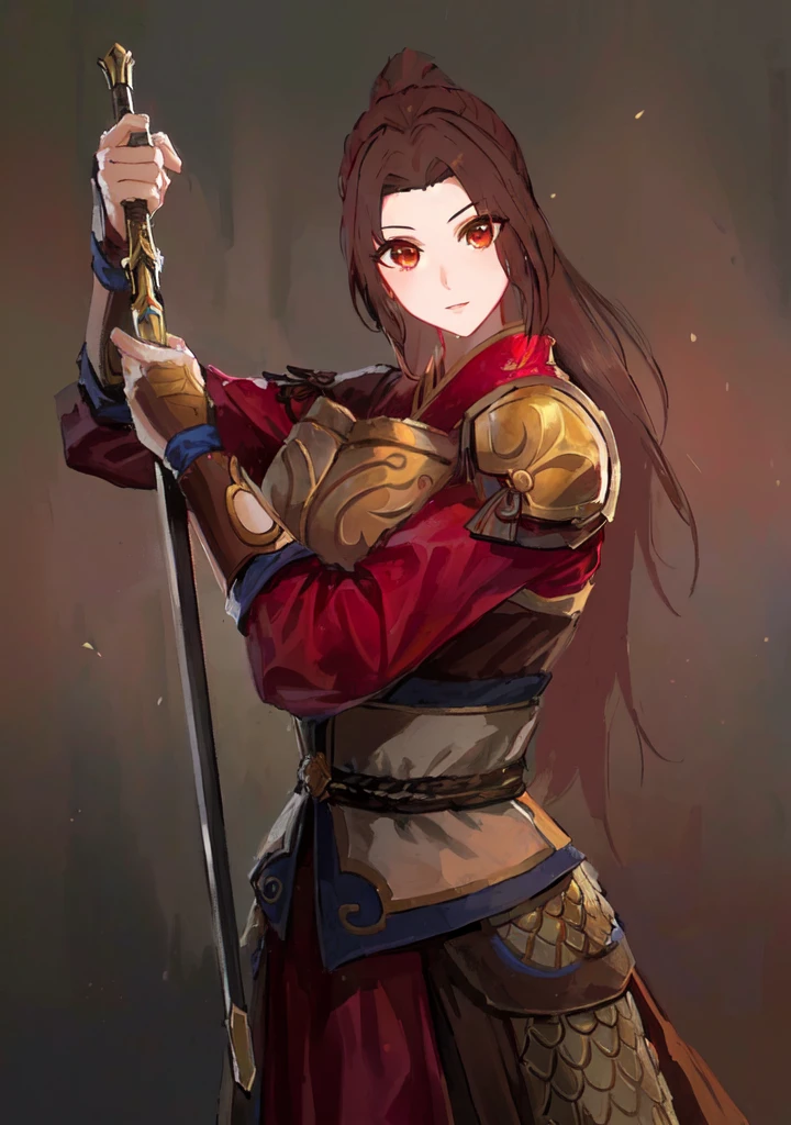Three Kingdoms,Dynasty Warriors,A woman with a sword,Mai Shiranui,Dark brown hair,armor,中国armor,Royal sister,Animation Characters,Huge Breasts