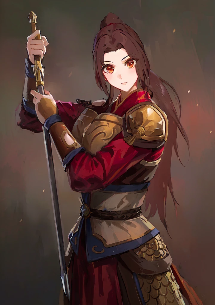 Three Kingdoms,Dynasty Warriors,A woman with a sword,Mai Shiranui,Dark brown hair,armor,中国armor,Royal sister,Animation Characters,Huge Breasts